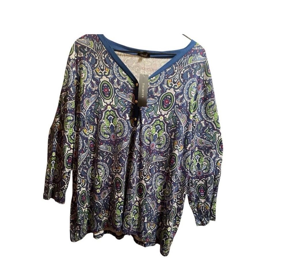 V-Neck Button Tunic 3XP Petite Plus Paisley Blue Green Knit Top NWT TALBOTS